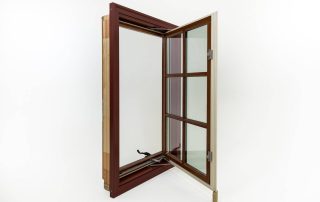 cherry wood lined interior of a window